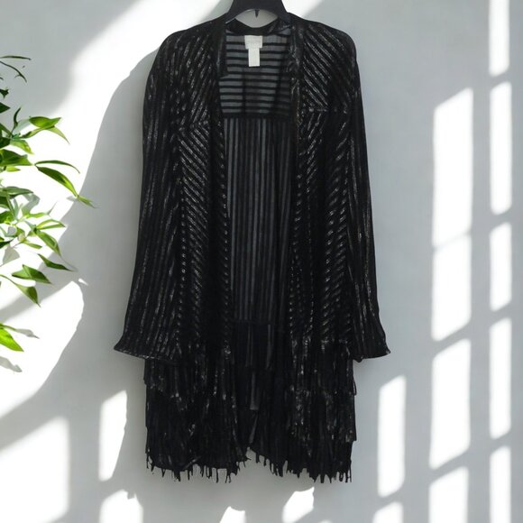 Chico's Tops - Chico's (Size 3) Black Striped Open Front See-Thru Top with Fringe
